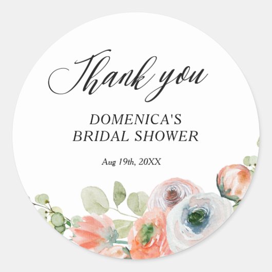 Romantic Peach Floral Bridal Shower Ronde Sticker (Voorkant)