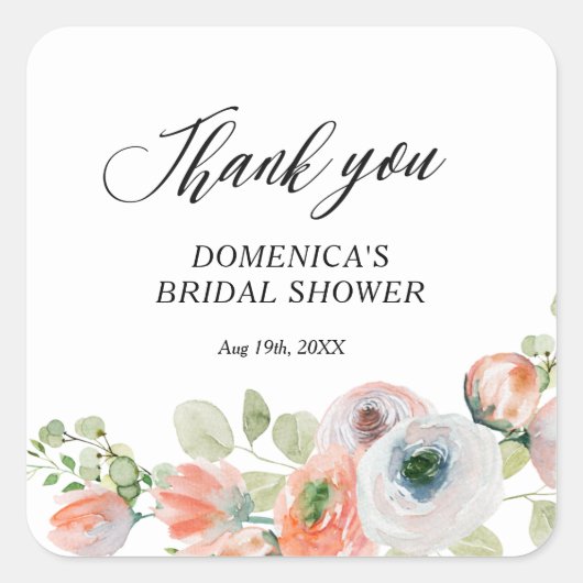 Romantic Peach Floral Bridal Shower Vierkante Sticker (Voorkant)