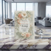 Romantic Peach Floral Faux Embossed Wreath Wedding Kaart