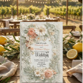 Romantic Peach Floral Faux Embossed Wreath Wedding Kaart