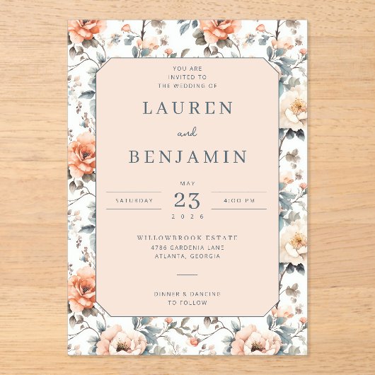 Romantic Peach Floral Wedding Invitation Acryl Uitnodigingen (Voorkant)