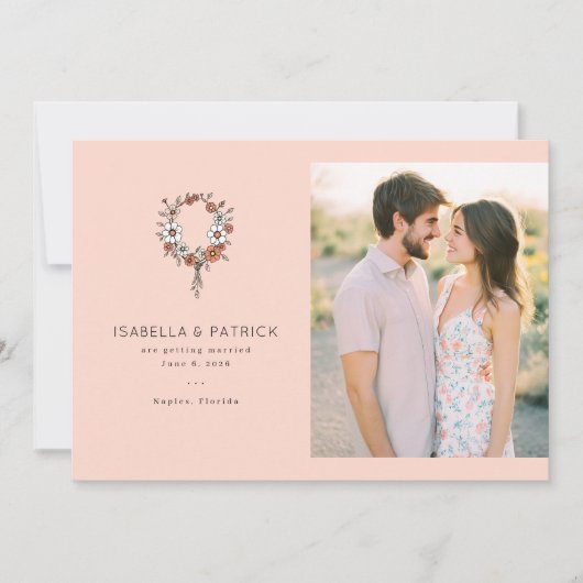Romantic Peach Floral Wreath Save The Date (Voorkant)