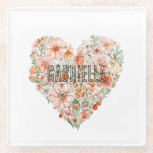 Romantic Peach Mint Floral Heart Glazen Onderzetter (Voorkant)