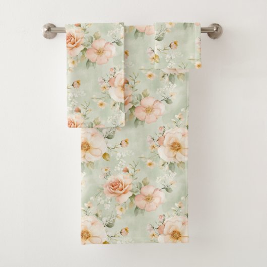 Romantic Peach Mint Pretty Roses Floral Bad Handdoek (Insitu)