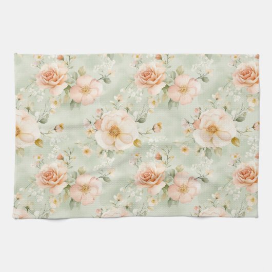 Romantic Peach Mint Pretty Roses Floral Theedoek (Horizontaal)