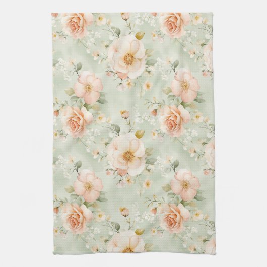 Romantic Peach Mint Pretty Roses Floral Theedoek (Verticaal)