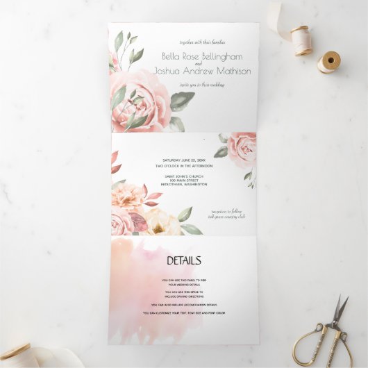 Romantic Peach Rozen Floral Drieluik Aankondiging (Binnen)