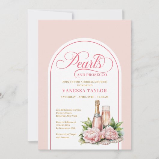 Romantic pearls and prosecco invite watercolor kaart (Voorkant)