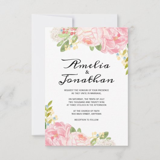 Romantic Peonies en Hydrangea Wedding Invitations Kaart (Voorkant)