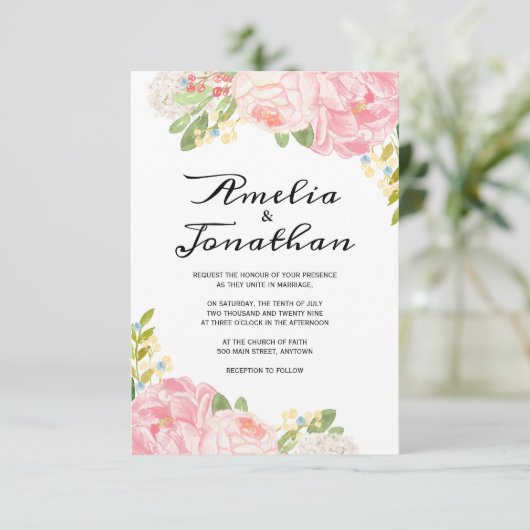 Romantic Peonies en Hydrangea Wedding Invitations Kaart (Staand voorkant)