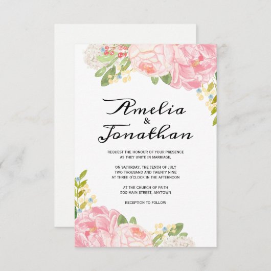 Romantic Peonies en Hydrangea Wedding Invitations Kaart (Voorkant / Achterkant)
