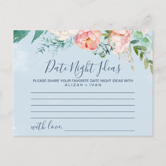 Romantic Peonies Light Blue Date Night Idee Kaarte Briefkaart (Voorkant)