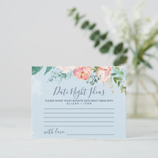 Romantic Peonies Light Blue Date Night Idee Kaarte Briefkaart (Staand voorkant)