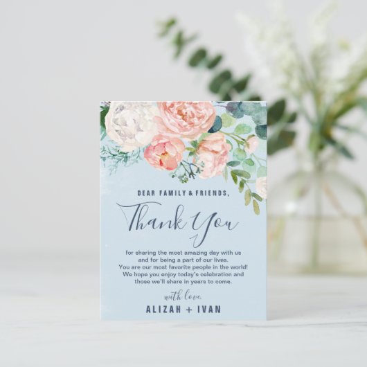 Romantic Peonies Light Blue Hartelijk dank voor de Briefkaart (Staand voorkant)