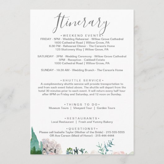 Romantic Peonies Welcome Letter & Itinerary Programmakaart (Achterkant)