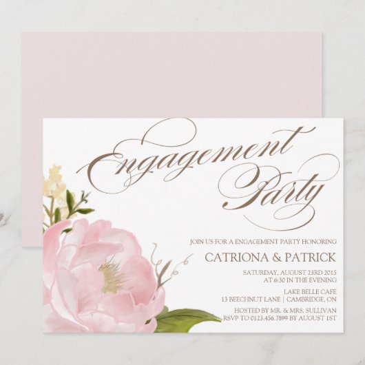 Romantic Peony Flower Engagament Party Kaart (Voorkant / Achterkant)