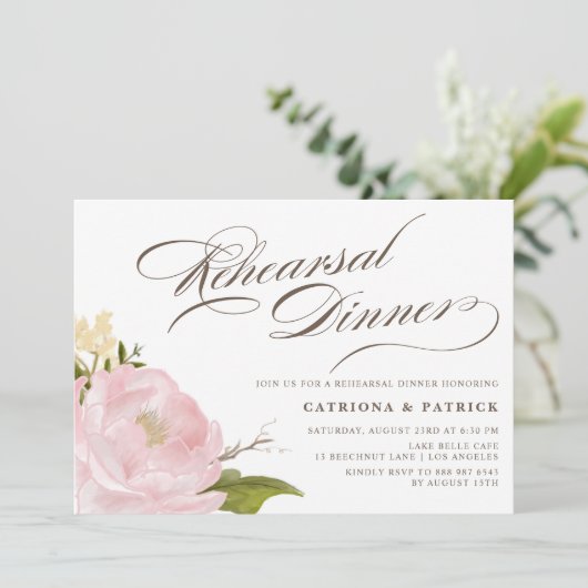 Romantic Peony Flower Rehearsal Dinner Invitation Kaart (Staand voorkant)