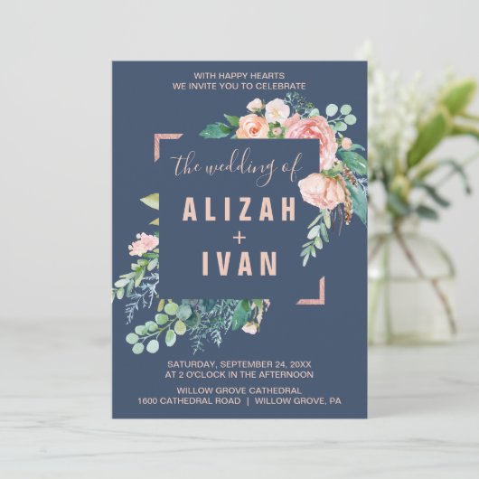 Romantic Peony Flowers | Blauw de bruiloft van Kaart (Staand voorkant)