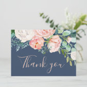 Romantic Peony Flowers | Blauwe bedankt kaart (Staand voorkant)