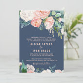 Romantic Peony Flowers | Blauwe formele bruiloft Kaart (Staand voorkant)