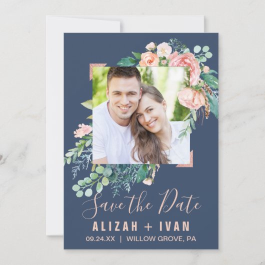 Romantic Peony Flowers | Blauwe foto slaat de datu Save The Date (Voorkant)