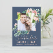 Romantic Peony Flowers | Blauwe foto slaat de datu Save The Date (Staand voorkant)