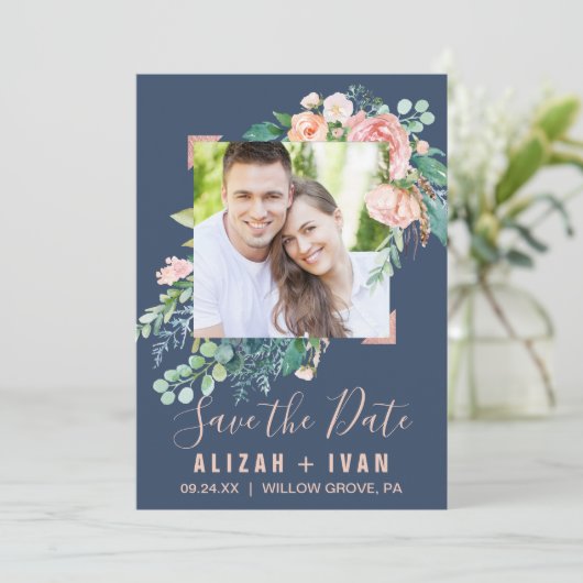 Romantic Peony Flowers | Blauwe foto slaat de datu Save The Date (Staand voorkant)