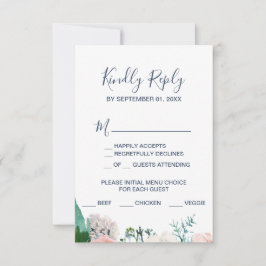 Romantic Peony Flowers Blue Menu Keuze RSVP-kaart