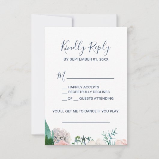 Romantic Peony Flowers Blue Song Request RSVP Card Kaartje (Voorkant)