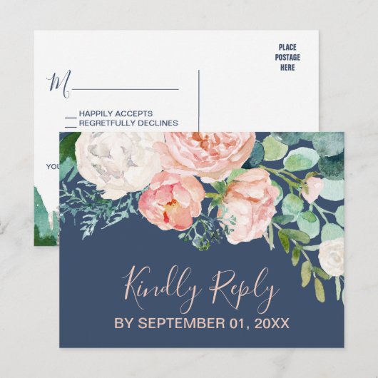 Romantic Peony Flowers | Blue Song Request RSVP Uitnodiging Briefkaart (Voorkant / Achterkant)