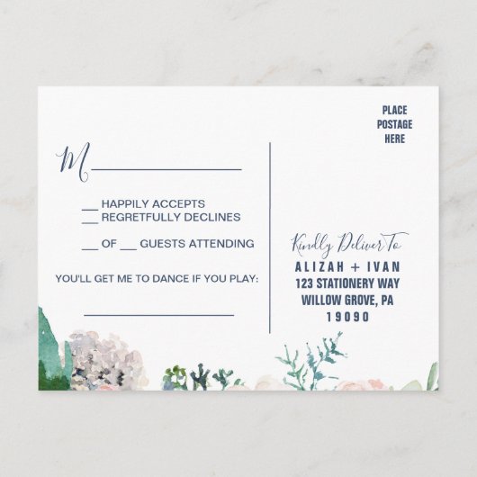 Romantic Peony Flowers | Blue Song Request RSVP Uitnodiging Briefkaart (Achterkant)