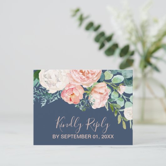 Romantic Peony Flowers | Blue Song Request RSVP Uitnodiging Briefkaart (Staand voorkant)
