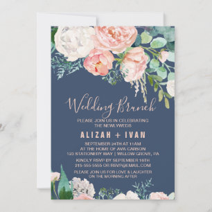 Romantic Peony Flowers Blue Wedding Brunch Kaart