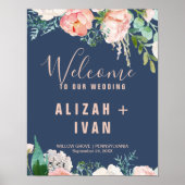 Romantic Peony Flowers | Blue Welcome Wedding Poster (Voorkant)