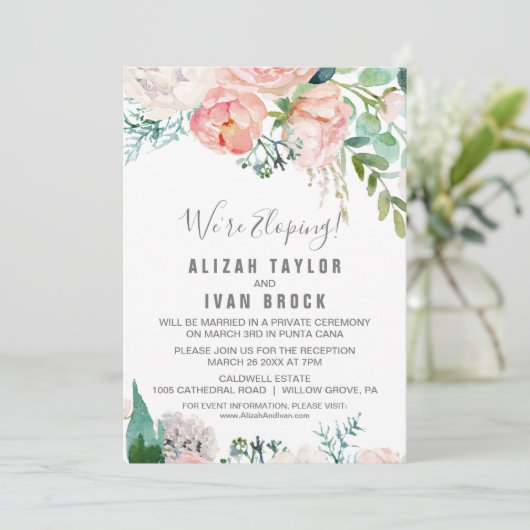 Romantic Peony Flowers Elopement Reception Kaart (Staand voorkant)