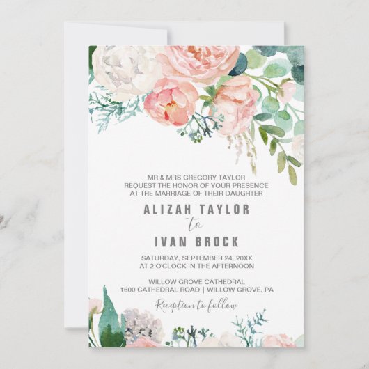 Romantic Peony Flowers Formal Wedding Kaart (Voorkant)