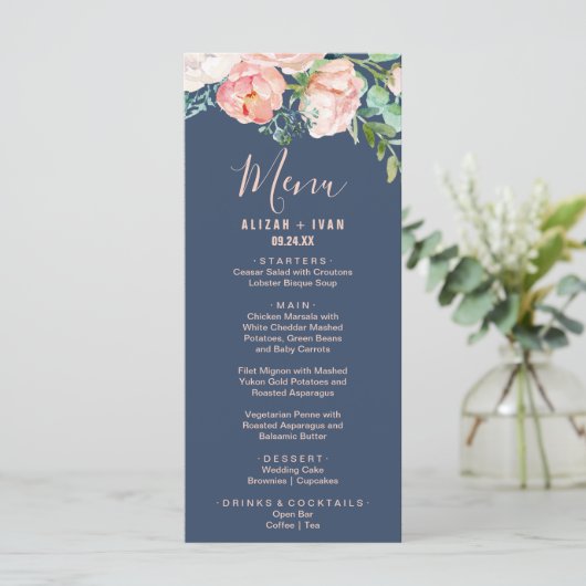 Romantic Peony Flowers | Kaart menu Blauw menu (Staand voorkant)