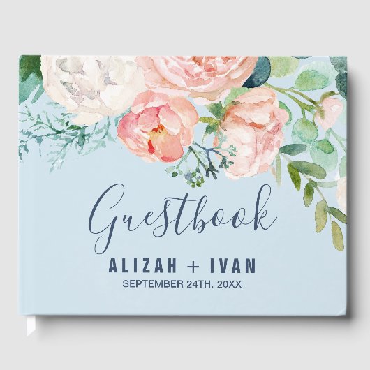 Romantic Peony Flowers | Lichte blauwe bruiloft Gastenboek (Voorkant)