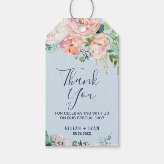 Romantic Peony Flowers Light Blue Hartelijk dank Cadeaulabel (Voorkant)