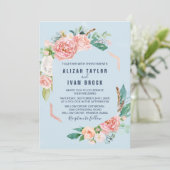 Romantic Peony Flowers | Light Blue Wedding Invita Kaart (Staand voorkant)