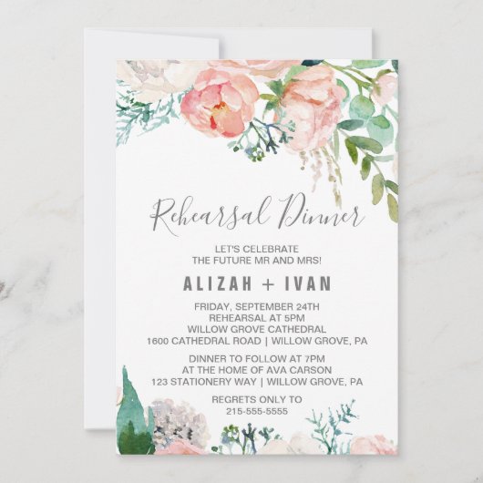 Romantic Peony Flowers Rehearsal Dinner Kaart (Voorkant)