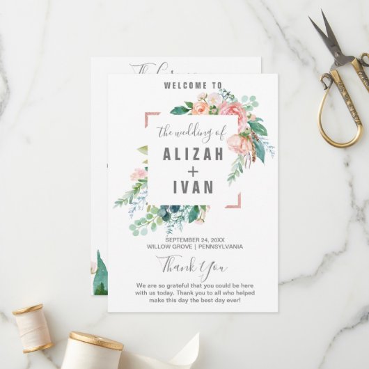 Romantic Peony Flowers Wedding Programme Programmakaart (Voorkant / Achterkant in situ)