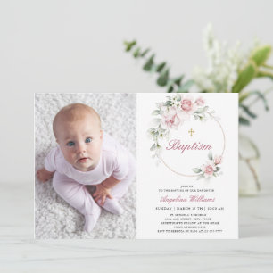 Romantic Photo Baptism Girl floral Gold Invitation Kaart