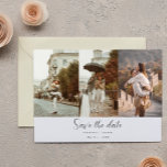 Romantic Photo Collage Save the Date Wedding<br><div class="desc">Prachtige elegante en romantische fotocollage om je trouwdatum aan te kondigen. Het ontwerp is stijlvol en elegant. Het kenmerkt drie gepersonaliseerde foto's die naast elkaar en de tekst onderaan in moderne kalligrafie op een witte achtergrond worden geplaatst. Druk de verpersoonlijkingsknoop om het gekenmerkte afbeelding met uw foto's en de tekst...</div>