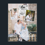 Romantic Photo Collage Wedding Save the Date Aankondigingskaart<br><div class="desc">Sparen het datumbriefkaart u met vier van uw eigen foto's kunt personaliseren. Eén grote foto bedekt het briefkaart,  en drie kleiner worden bovenaan geplaatst. Sparen de datum wordt geschreven in een  manuscript met draden.</div>
