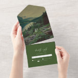 Romantic Pines Mountains Lake Destination Wedinati All In One Uitnodiging<br><div class="desc">Romantic Pines Mountains Lake Destination Wedding All-in-one Invitation.</div>