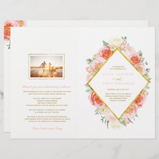 Romantic Pink and Coral Rozen Wedding Programs (Voorkant / Achterkant)