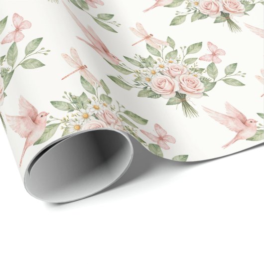 Romantic pink and green bird and flowers cadeaupapier (Rol Hoek)