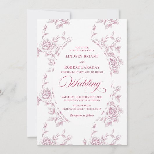 Romantic Pink and White Rose Pattern Wedding Kaart (Voorkant)