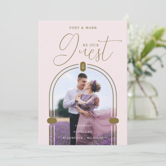 Romantic Pink Arch Photo & Initials QR Code Save The Date (Staand voorkant)